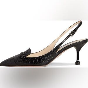Prada Black Croc-Embossed Slingback Pointed-Toe Kitten Heels